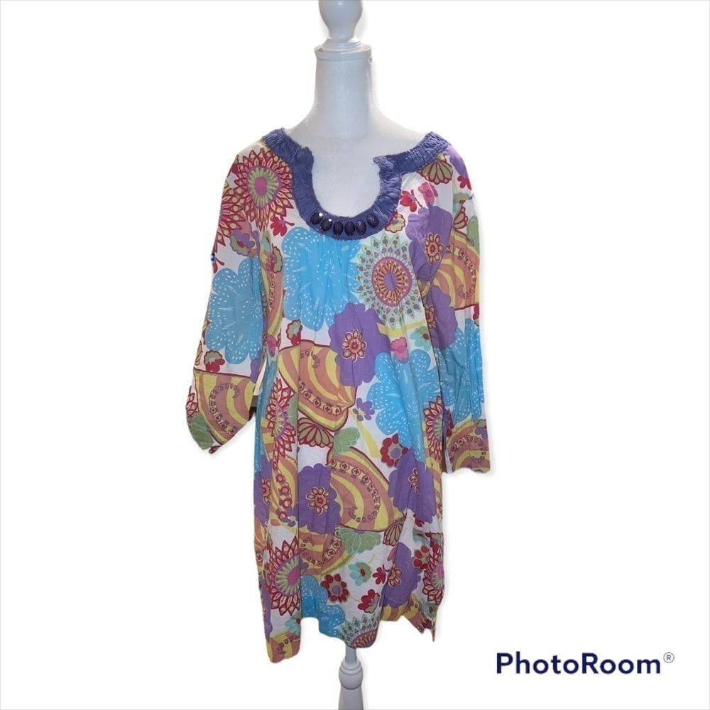 Boden Floral Cotton Tunic Swim Coverup With Beaded Neckline Size 12